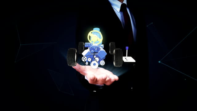 Businessman-open-palm,-Automobile-Technology.-Engine,-seat.-tire,-gear,-illustration