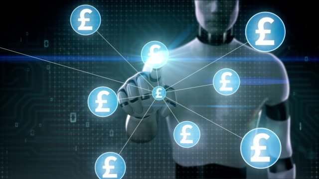 Robot,-cyborg-tocar-libra-símbolo-de-moneda,-se-reúnen-numerosos-puntos-para-crear-un-signo-de-moneda,-puntos-hace-mundial-mapa,-internet-de-las-cosas.-technology.2-financieros.