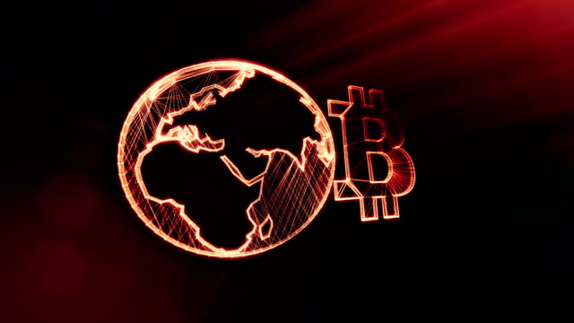 Sign-of-bitcoin-and-earth,-the-globe.-Financial-background-made-of-glow-particles-as-vitrtual-hologram.-Shiny-3D-loop-animation-with-depth-of-field,-bokeh-and-copy-space.-Dark-background-1.