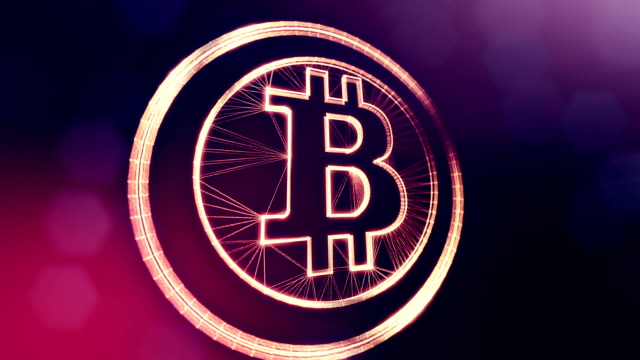 Bitcoin-Logo-im-inneren-Kreise-wie-Münze.-Finanzieller-Hintergrund-aus-Glühen-Teilchen-als-Vitrtual-Hologramm.-Glänzende-Schleife-3D-Animation-mit-Tiefe-Feld,-Bokeh-und-Kopie.-Violettem-Hintergrund-1.