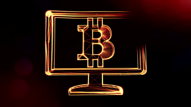 Bitcoin-Logo-im-Innern-des-Monitors.-Finanzieller-Hintergrund-aus-Glühen-Teilchen-als-Vitrtual-Hologramm.-Glänzende-Schleife-3D-Animation-mit-Tiefe-Feld,-Bokeh-und-Kopie.-Dunklen-Hintergrund-1