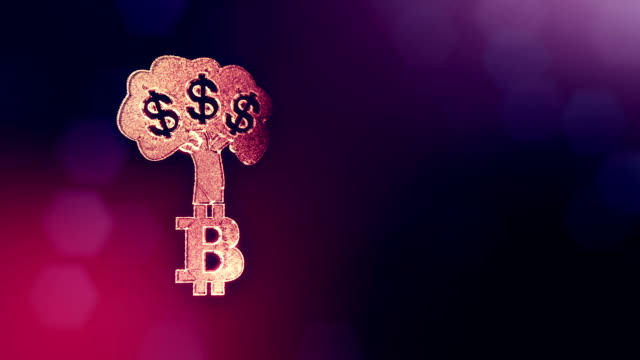 Zeichen-der-Dollar-Baum-wächst-aus-dem-Bitcoin-Logo.-Finanzieller-Hintergrund-aus-Glühen-Teilchen-als-Vitrtual-Hologramm.-Glänzende-Schleife-3D-Animation-mit-Tiefe-Feld,-Bokeh-und-Kopie.-Violette-Farbe-v2