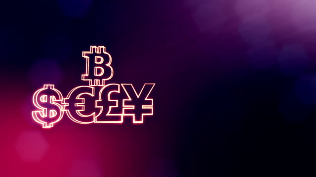 symbol-bitcoin-dollar-euro-pound-and-yen..-Financial-background-made-of-glow-particles-as-vitrtual-hologram.-3D-seamless-animation-with-depth-of-field,-bokeh-and-copy-space.