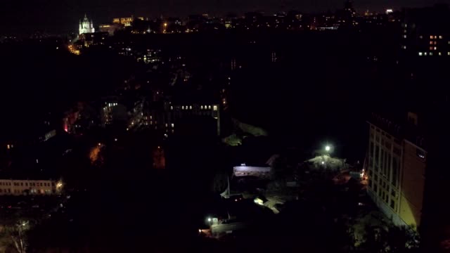 Aerial-shooting-night-city-Kiev-and-St-Andrew's-Church,-Europe,-Ukraine