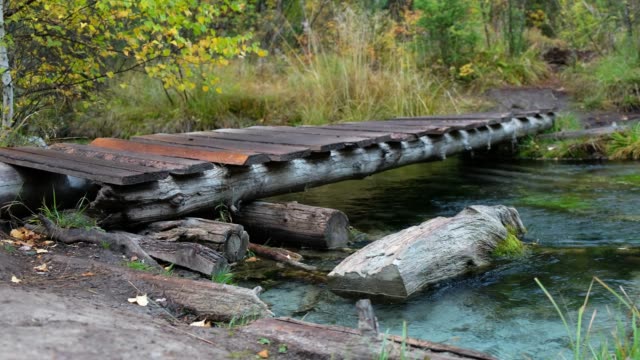 Small-wooden-boardwalk-bridge-over-forest-creek-near-Blue-Geyser-lake-in-Altai-mountains-in-rainy-day
