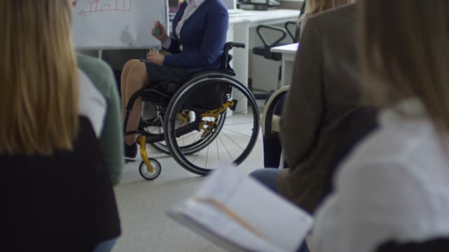 Deaktivierte-geschäftsfrau-im-Rollstuhl-Coaching-Büroangestellte
