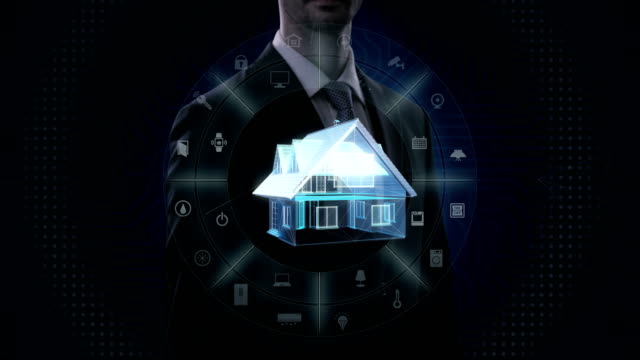 Businessman-touching-IoT-smart-home-appliance-icon,-Internet-of-Things,-artificial-intelligence.-4k-movie.
