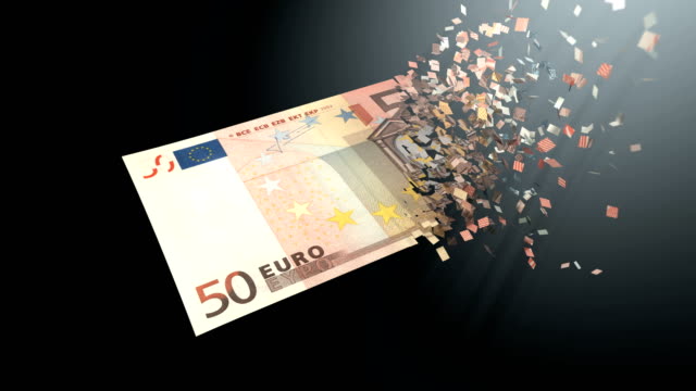 4K-3D-rendering-animation.-The-dematerialization-of-money,-Euros-are-dematerialized-on-a-black-background.