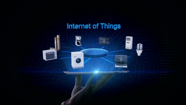Lifting-tablet,-'Internet-of-things'-connecting-monitor,-microwave,-light-bulb,-washer,-air-conditioner,-audio,-coffee-pot,--smart-Home-Appliances,-4k-movie.