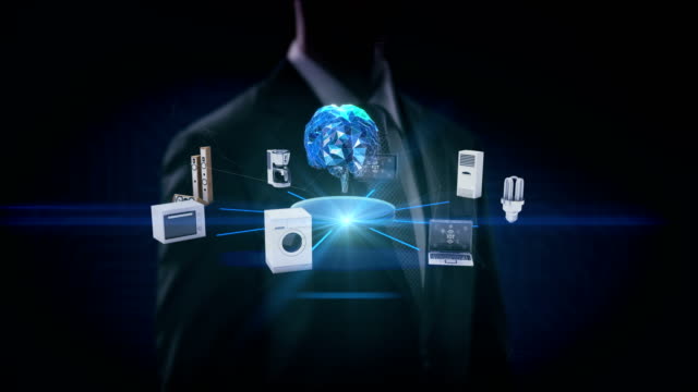 Empresario-tocar-la-Inteligencia-Artificial,-monitor-conexión-cerebro,-microondas,-bombilla-de-luz,-lavadora,-aire-acondicionado,-audio,-pote-del-café,-inteligentes-electrodomésticos,-IoT,-4-película-de-k.