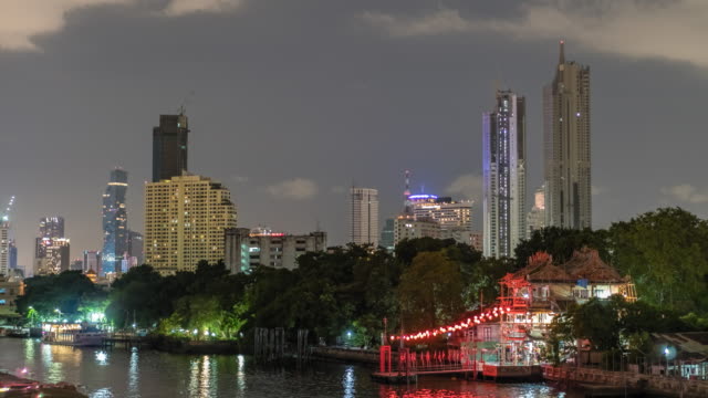 Timelapse-skyscrapers-in-nightfall-downtown-and-river-at-foreground
