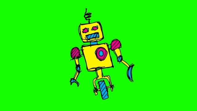 Kinder-Zeichnung-grünen-Hintergrund-mit-Thema-Roboter