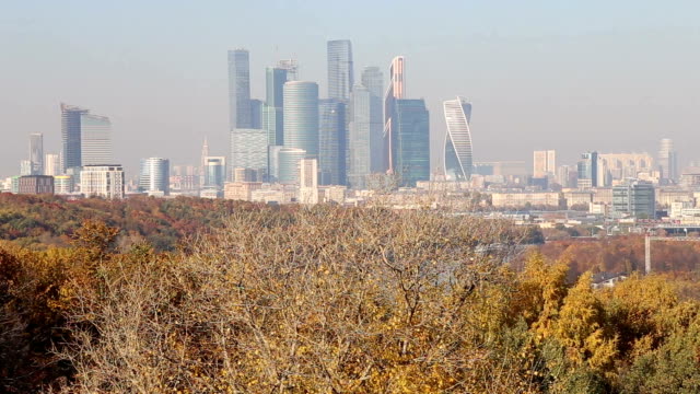 View-of-the-city-and-the-complex-of-skyscrapers-Moscow-city-from-Sparrow-Hills-or-Vorobyovy-Gory-observation-(viewing)-platform---is-on-a-steep-bank-85-m-above-the-Moskva-river,-or-200-m-above-sea-level.-Moscow,-Russia