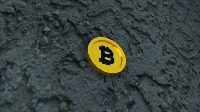 Bit-coin-is-on-concrete-surface,-it-is-symbol-of-electronic-virtual-money-and-mining-cryptocurrency-concept,-3d-render