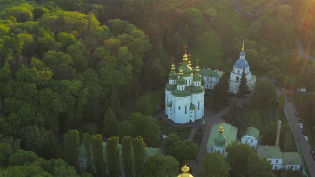 Aerial-view-of-the-Vydubychi-Monastery,-at-sunset,-Kyiv,-Ukraine