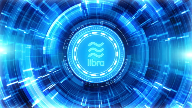 Libra-cryptocurrency-sign-in-digital-cyberspace.-Network-and-Internet-marketing,-Money-Exchange-motion-technology-background-concept