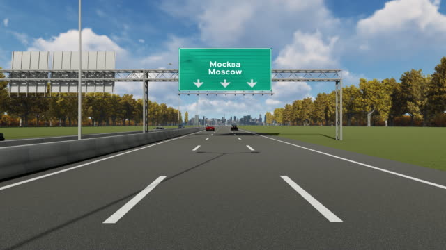 Schild-auf-der-Autobahn,-die-die-Einfahrt-nach-Russland-Moskau-Stadt-4K-Stock-Video