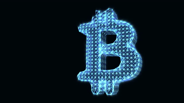 The-appearance-of-the-sign-of-the-cryptocurrency-bitcoin.-Icon-of-digital-Internet-money.-Animation-of-abstract-idea.-Glowing-symbol-on-a-dark-background.