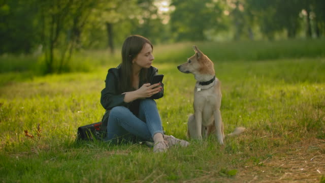 Das-Mädchen-überprüft-ihre-sozialen-Netzwerke-in-einem-Smartphone-neben-dem-Hund