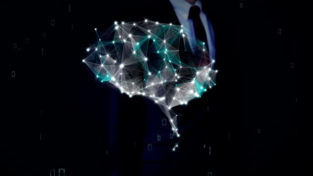 Businessman-touching-Brain-connect-digital-lines,-expanding-artificial-intelligence