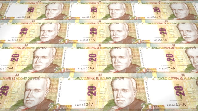 Banknoten-der-zwanzig-peruanischen-Sohlen-von-Peru,-Bargeld,-Schleife