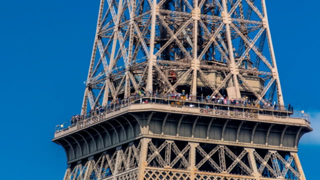 Close-up-view-of-middle-section-of-the-Eiffel-Tower-timelapse-in-Paris,-France