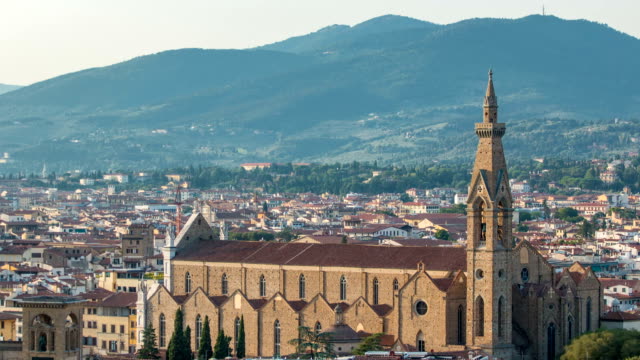 Florence-aerial-cityscape-view-timelapse-from-Michelangelo-square-on-the-old-town-with-Santa-Croce-church-in-Italy