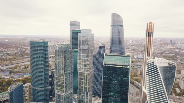 Ansicht-von-Moskwa-City-Moskau-internationales-Geschäftszentrum-Moskau,-Russland.-Clip.-Draufsicht-auf-die-prächtige-Business-Center-Moskau-Stadt