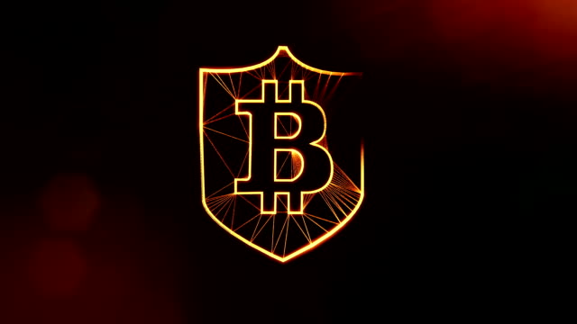 Bitcoin-Logo-in-den-Schild.-Finanzieller-Hintergrund-aus-Glühen-Teilchen-als-Vitrtual-Hologramm.-Glänzende-Schleife-3D-Animation-mit-Tiefe-Feld,-Bokeh-und-Kopie.-Dunklen-Hintergrund-1.