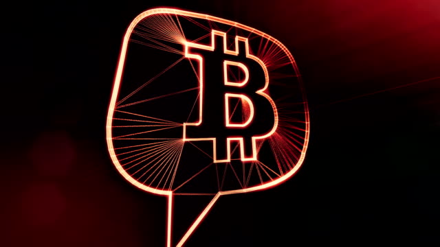 Bitcoin-Logo-in-einer-Nachricht-Wolke.-Finanzieller-Hintergrund-aus-Glühen-Teilchen-als-Vitrtual-Hologramm.-Glänzende-Schleife-3D-Animation-mit-Tiefe-Feld,-Bokeh-und-Kopie.-Dunklen-Hintergrund-v2