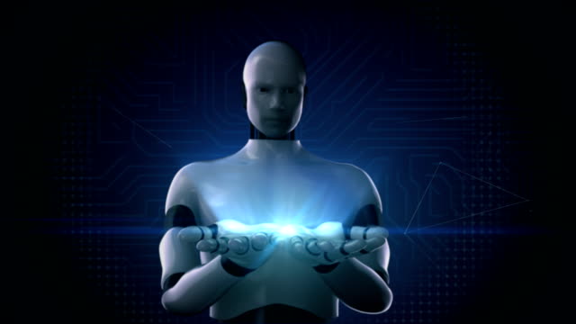 Robot,-cyborg-open-two-palm-in-digital-interface-background-4K-size-movie.
