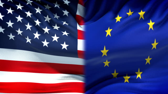 USA-und-Europäische-Union-Flaggen-Hintergrund,-Diplomatie,-Wirtschaftsbeziehungen