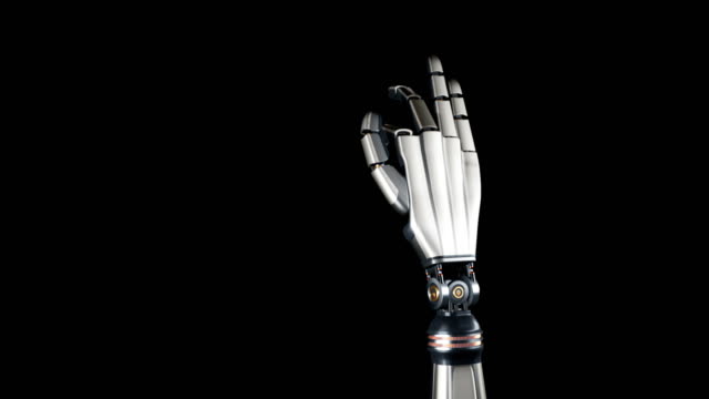 Cyborg-robotic-arm-during-test-action.-Metal-shines,-black-background,-60-fps-animation.
