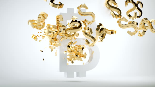 Bitcoin-Abwertungssymbol-und-zerschmetterte-goldenes-Dollar-Symbol-mit-Zeitlupe.