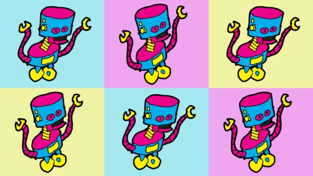 Kinder-Zeichnung-Pop-Art-nahtlose-Hintergrund-Thema-Roboter