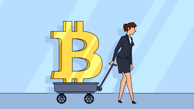 Flat-cartoon-businesswoman-character--pulls-cart-with-bitcoin-sign-money-concept-animation-with-alpha-matte