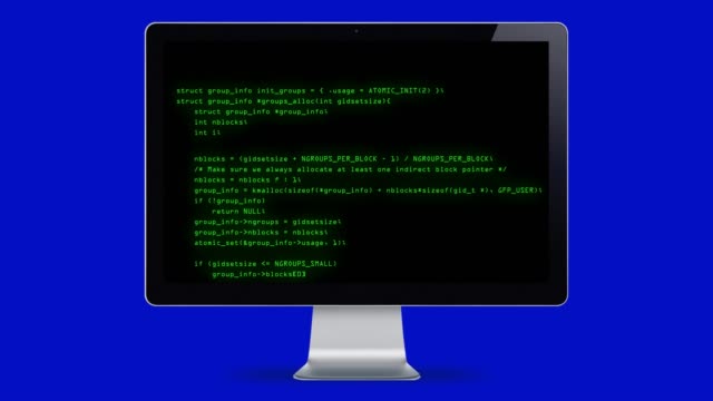Pantalla-de-ordenador-con-código-de-programación-en-fondo-azul.-Canal-alfa,-4K