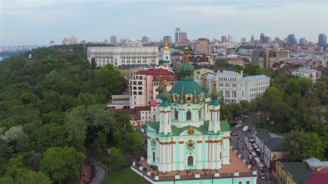 Aerial-view-of-St.-Andrew’s-Church,-historical-center,-Podolsky-district,-Kyiv,-Ukraine
