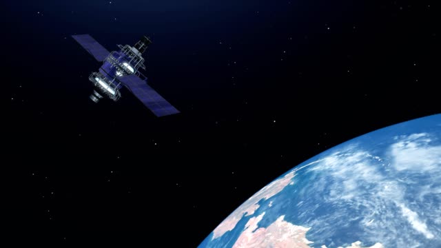 Satélite-volando-sobre-la-tierra-en-el-espacio,-vídeo-de-resolución-4K