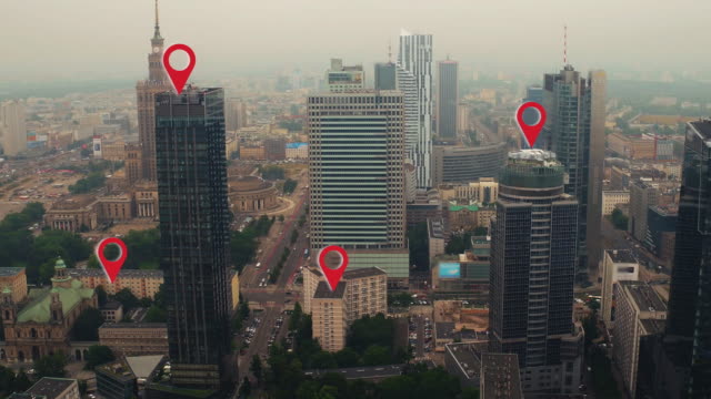 Aerial-shot-of-Warsaw-city-center-with-localization-icons.