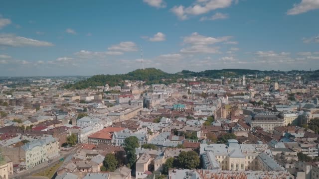 Aerial-City-Lviv,-Ukraine.-European-City.-Central-part-of-old-european-city