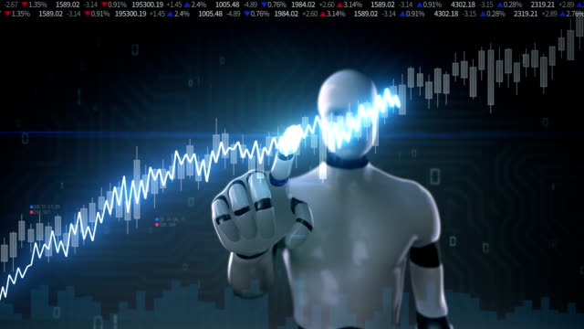 Robot-tocó-la-pantalla,-animación-de-gráficos-del-mercado-de-valores.-aumentar-la-línea.