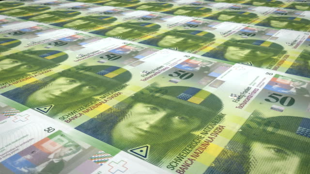 Banknoten-von-50-Schweizer-Franken-der-Schweiz,-Bargeld,-Schleife
