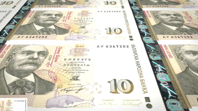 Billetes-de-diez-Lev-búlgaro-de-Bulgaria,-dinero-en-efectivo,-lazo