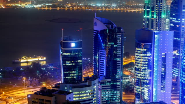 Die-Skyline-von-der-West-Bay-Area-von-oben-im-Zeitraffer-Doha,-Katar