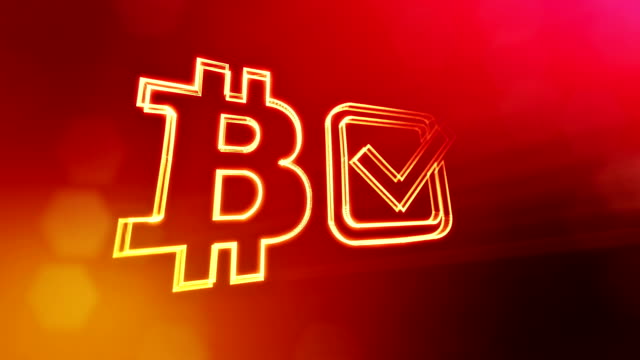 Logo-Bitcoin-und-Häkchen-in-der-Box.-Finanzieller-Hintergrund-aus-Glühen-Teilchen-als-Vitrtual-Hologramm.-Glänzende-nahtlose-3D-Animation-mit-Tiefe-des-Feldes,-Bokeh-und-Kopie-Raum...-Roten-Hintergrund-v1