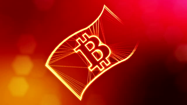 bitcoin-on-a-paper-banknote.-Financial-background-made-of-glow-particles-as-vitrtual-hologram.-Shiny-3D-loop-animation-with-depth-of-field,-bokeh-and-copy-space.-Red-background-v1