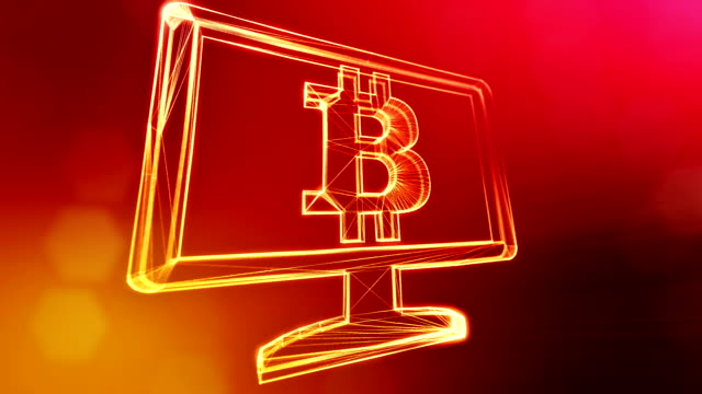 Bitcoin-Logo-im-Innern-des-Monitors.-Finanzieller-Hintergrund-aus-Glühen-Teilchen-als-Vitrtual-Hologramm.-Glänzende-Schleife-3D-Animation-mit-Tiefe-Feld,-Bokeh-und-Kopie.-Roten-Hintergrund-v1