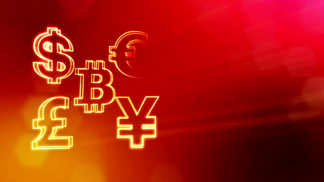 Symbol-Bitcoin-Dollar-Euro-Pfund-und-Yen.-Finanzieller-Hintergrund-aus-Glühen-Teilchen-als-Vitrtual-Hologramm.-Nahtlose-3D-Animation-mit-Tiefe-des-Feldes,-Bokeh-und-Kopie-Raum.-Rote-Farbe-v2
