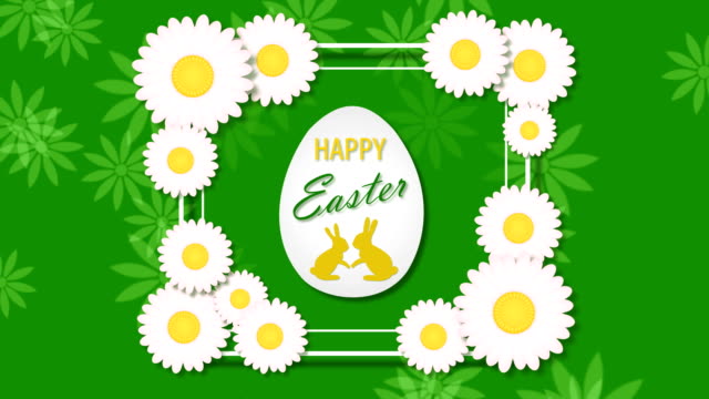 Frohe-Ostern-mit-Ei-und-Kamillen-auf-grünem-Hintergrund